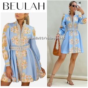 Beulah “Leila” blue floral belted dress S NWT